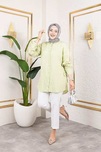 Kolları Bağcık Detaylı Tesettür Tunik-5218 Yeşil - Thumbnail