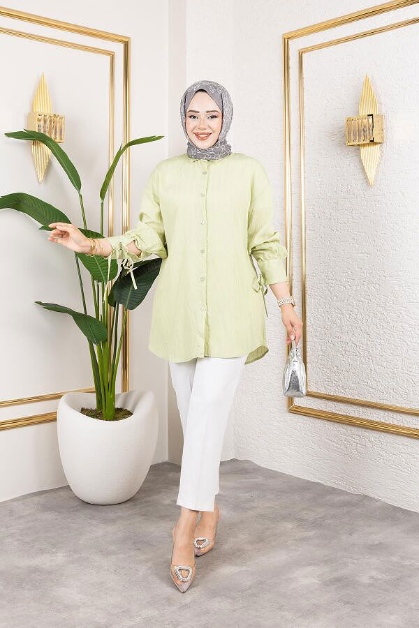 Kolları Bağcık Detaylı Tesettür Tunik-5218 Yeşil