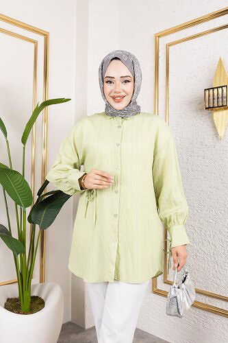 Kolları Bağcık Detaylı Tesettür Tunik-5218 Yeşil - Thumbnail