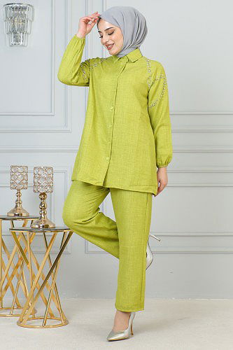 Modaebva - Kolları Lastikli Sofya İkili Takım-3871 Fıstıkyeşili