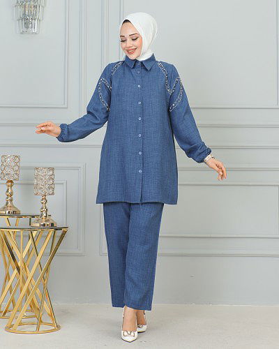 Kolları Lastikli Sofya İkili Takım-3871 İndigo - Thumbnail