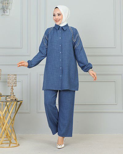 Kolları Lastikli Sofya İkili Takım-3871 İndigo - Thumbnail