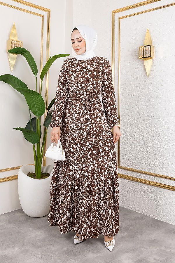 Kolu Lastikli Bürümcük Elbise-2045 Kahve Beyaz