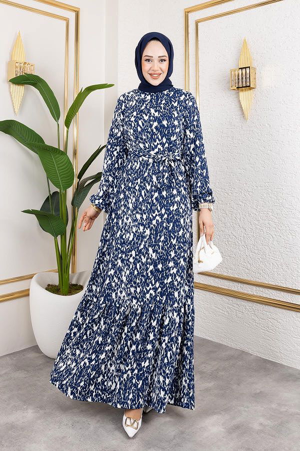 Kolu Lastikli Bürümcük Elbise-2045 Laci Beyaz