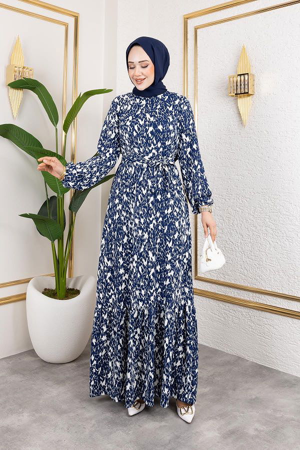 Kolu Lastikli Bürümcük Elbise-2045 Laci Beyaz