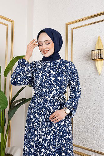 Kolu Lastikli Bürümcük Elbise-2045 Laci Beyaz - Thumbnail