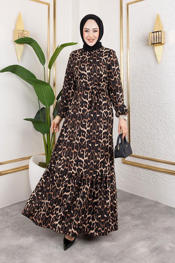 Kolu Lastikli Bürümcük Elbise-2045 Leopar