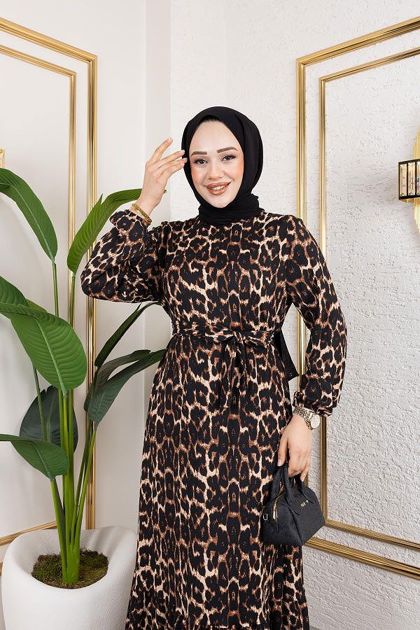 Kolu Lastikli Bürümcük Elbise-2045 Leopar