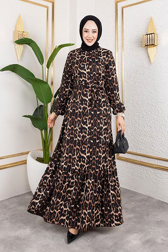 Modaebva - Kolu Lastikli Bürümcük Elbise-2045 Leopar