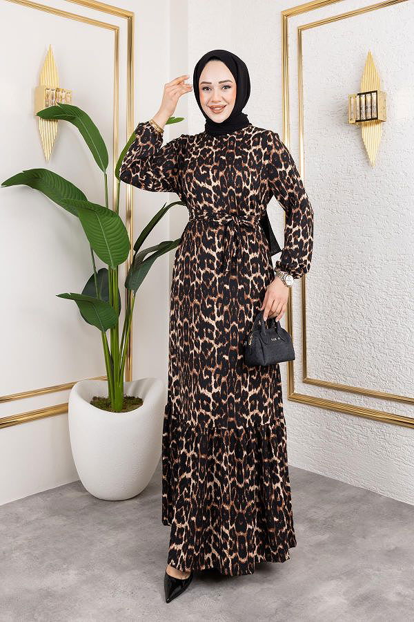 Kolu Lastikli Bürümcük Elbise-2045 Leopar