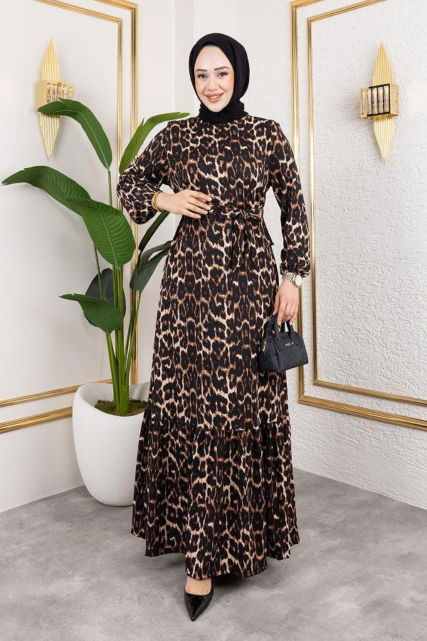 Kolu Lastikli Bürümcük Elbise-2045 Leopar