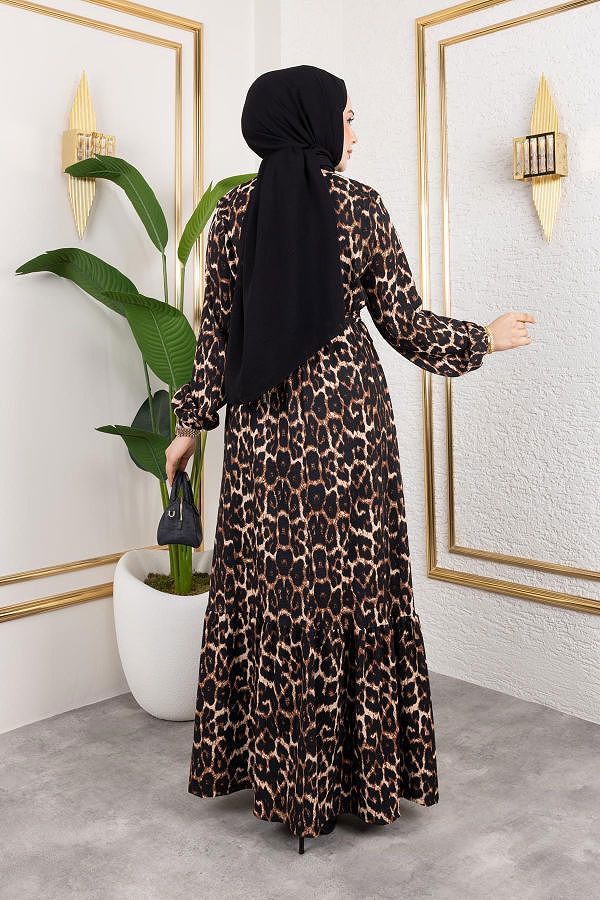 Kolu Lastikli Bürümcük Elbise-2045 Leopar