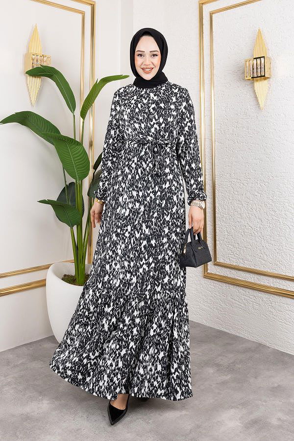 Kolu Lastikli Bürümcük Elbise-2045 Siyah Beyaz