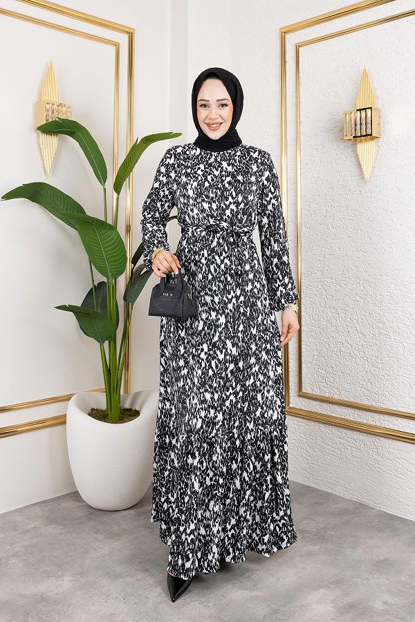 Kolu Lastikli Bürümcük Elbise-2045 Siyah Beyaz