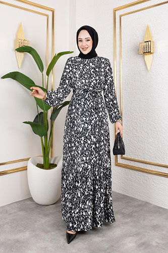 Kolu Lastikli Bürümcük Elbise-2045 Siyah Beyaz - Thumbnail