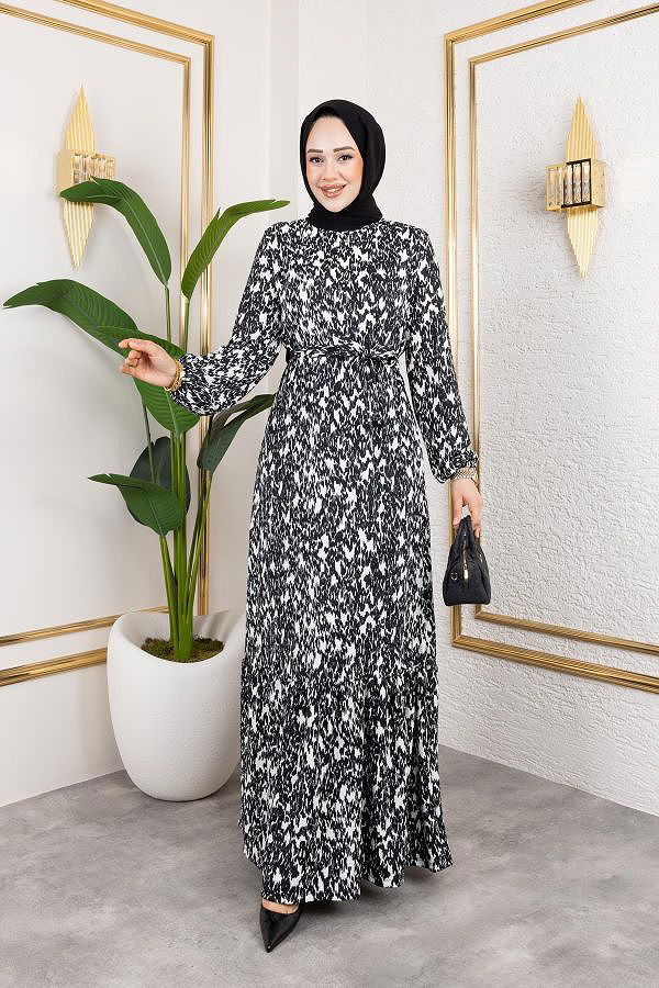 Kolu Lastikli Bürümcük Elbise-2045 Siyah Beyaz