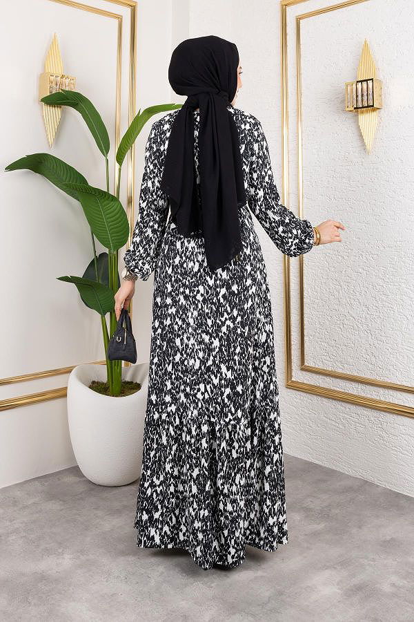 Kolu Lastikli Bürümcük Elbise-2045 Siyah Beyaz