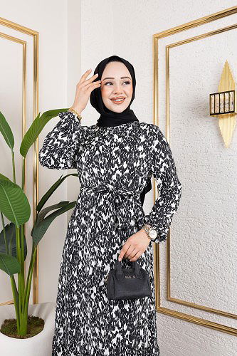 Modaebva - Kolu Lastikli Bürümcük Elbise-2045 Siyah Beyaz (1)