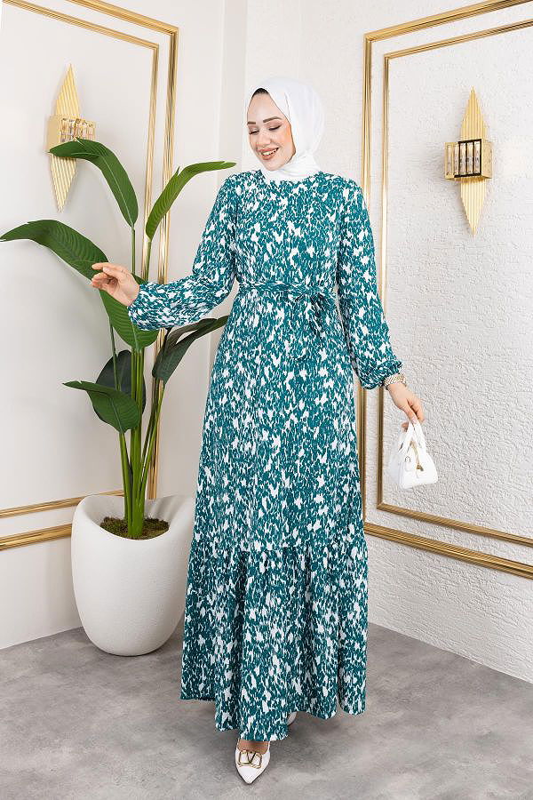 Kolu Lastikli Bürümcük Elbise-2045 Turkuaz Beyaz