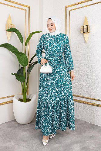 Modaebva - Kolu Lastikli Bürümcük Elbise-2045 Turkuaz Beyaz (1)