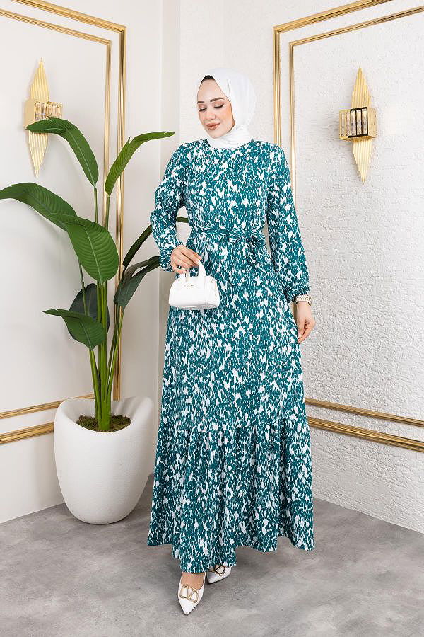 Kolu Lastikli Bürümcük Elbise-2045 Turkuaz Beyaz