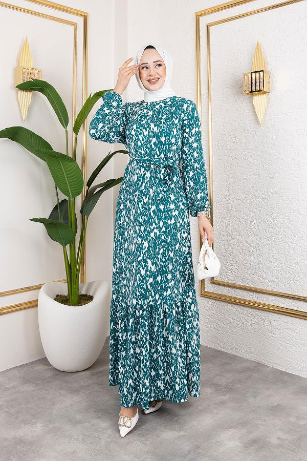 Kolu Lastikli Bürümcük Elbise-2045 Turkuaz Beyaz