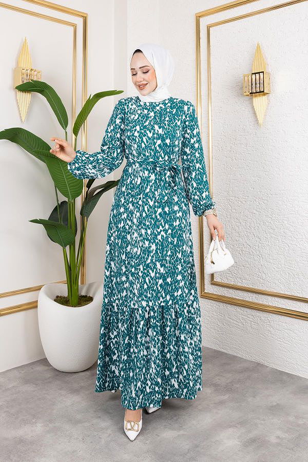 Kolu Lastikli Bürümcük Elbise-2045 Turkuaz Beyaz