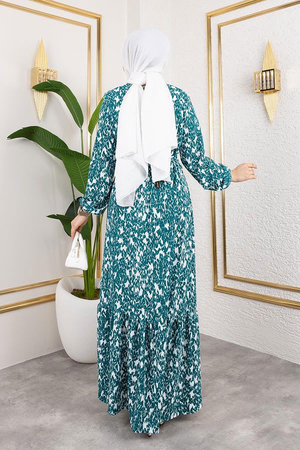 Kolu Lastikli Bürümcük Elbise-2045 Turkuaz Beyaz