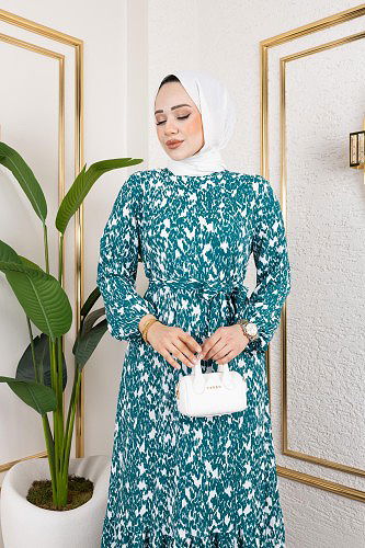 Kolu Lastikli Bürümcük Elbise-2045 Turkuaz Beyaz - Thumbnail