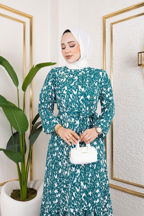 Kolu Lastikli Bürümcük Elbise-2045 Turkuaz Beyaz