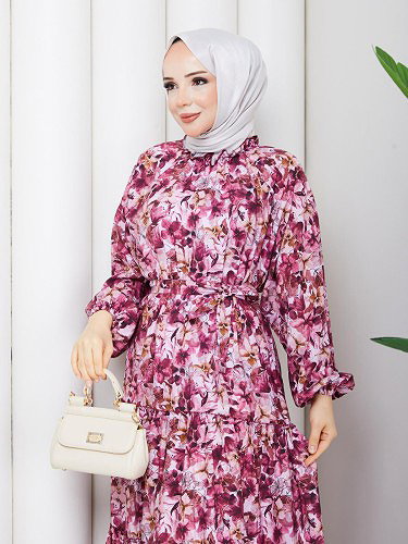 Modaebva - Kolu Lastikli Çiçek Desenli Elbise-5240 Gülkurusu (1)