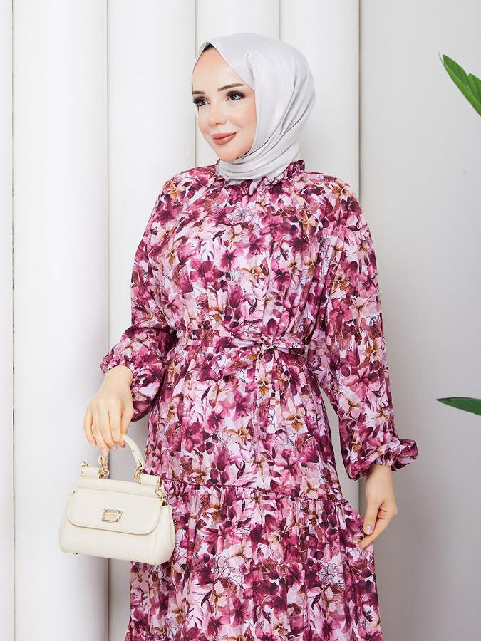 Kolu Lastikli Çiçek Desenli Elbise-5240 Gülkurusu