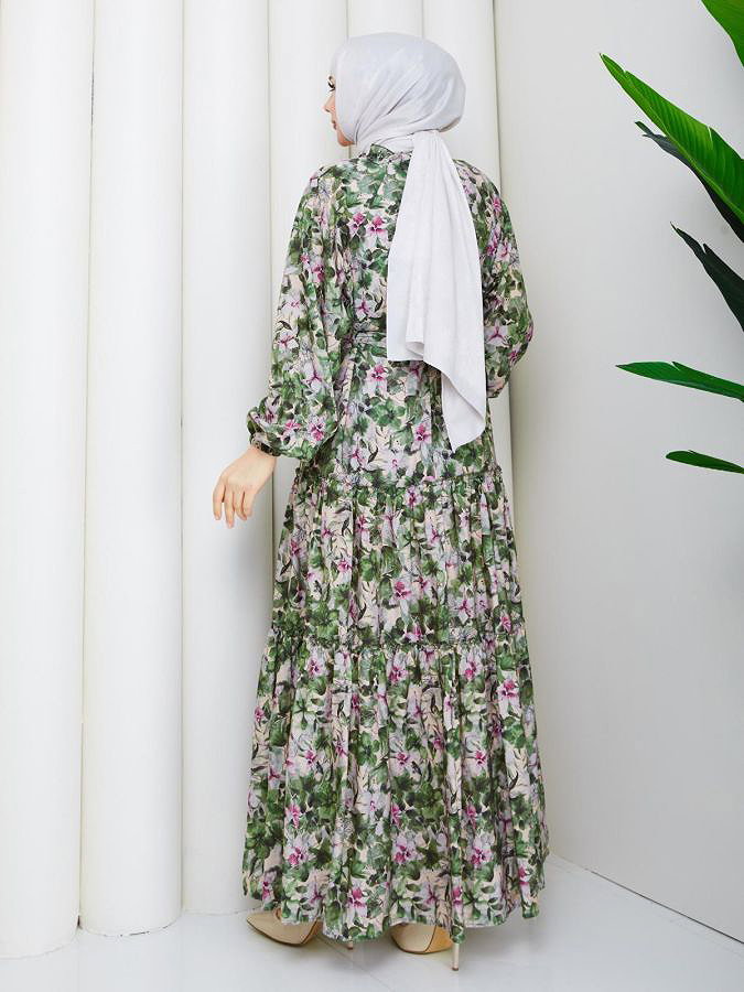 Kolu Lastikli Çiçek Desenli Elbise-5240 Yeşil