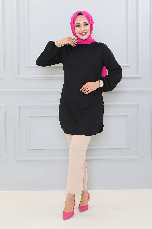 Kolu Lastikli Düğme Detaylı Tesettür Tunik-3095 Siyah