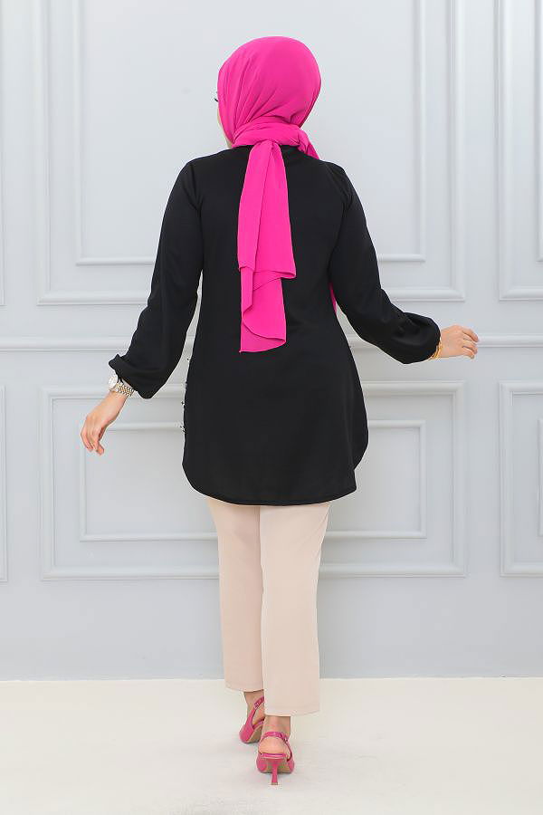 Kolu Lastikli Düğme Detaylı Tesettür Tunik-3095 Siyah