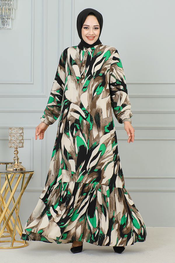 Kolu Lastikli Düğmeli Tesettür Elbise-3176 Kahve Yeşil