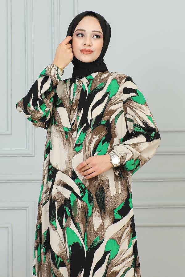 Kolu Lastikli Düğmeli Tesettür Elbise-3176 Kahve Yeşil