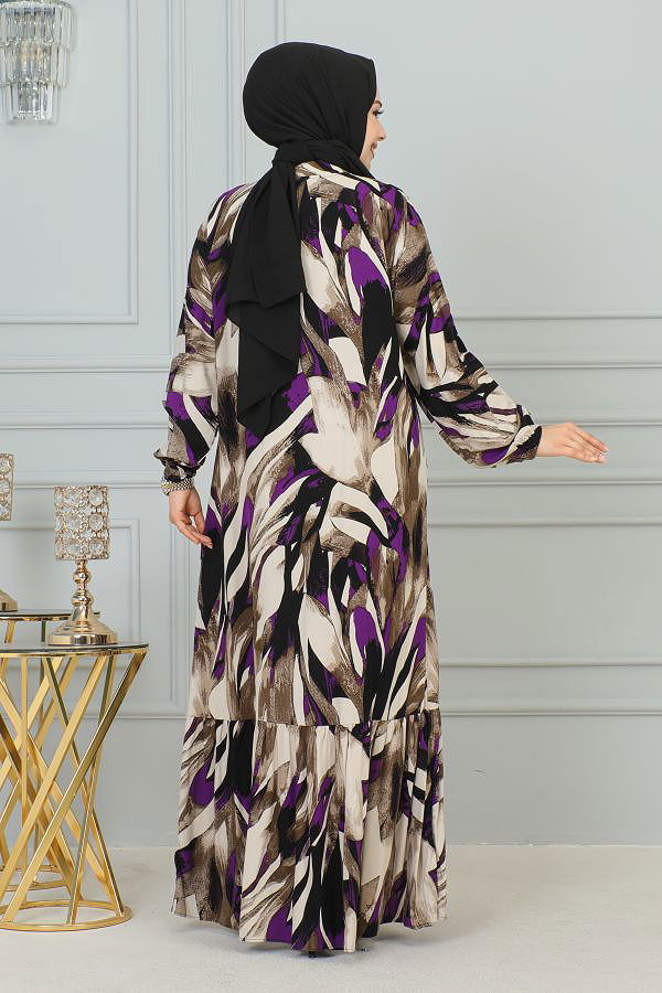 Kolu Lastikli Düğmeli Tesettür Elbise-3176 Mor Kahve