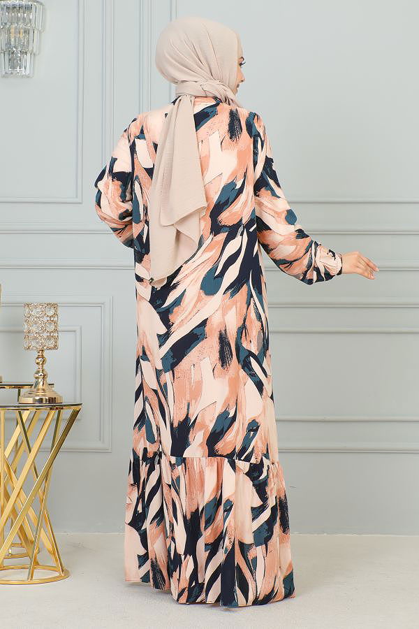 Kolu Lastikli Düğmeli Tesettür Elbise-3176 Turuncu Taba