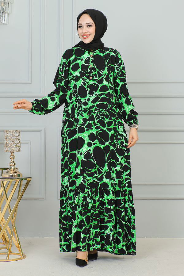 Kolu Lastikli Düğmeli Tesettür Elbise-3176 Yeşil Siyah