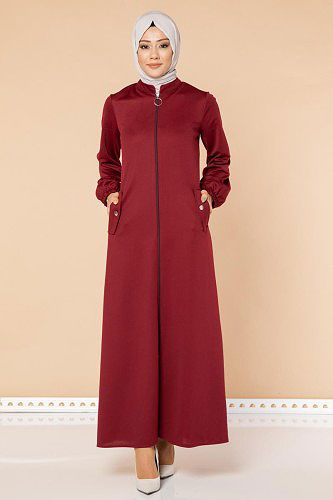 Modaebva - Kolu Lastikli Fermuarlı Ferace-3053 Bordo