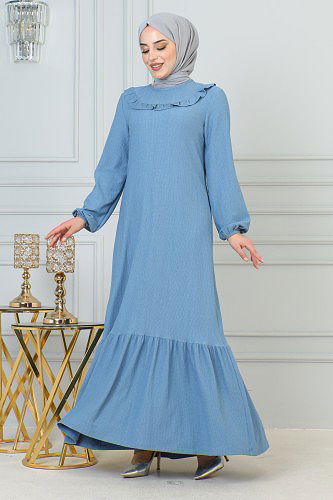 Modaebva - Kolu Lastikli Fırfır Detay Tesettür elbise-3161 Açık mavi