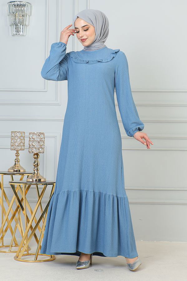 Kolu Lastikli Fırfır Detay Tesettür elbise-3161 Açık mavi
