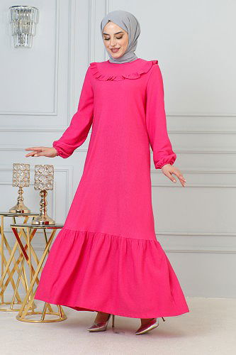 Modaebva - Kolu Lastikli Fırfır Detay Tesettür elbise-3161 Fuşya