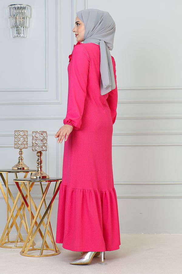 Kolu Lastikli Fırfır Detay Tesettür elbise-3161 Fuşya