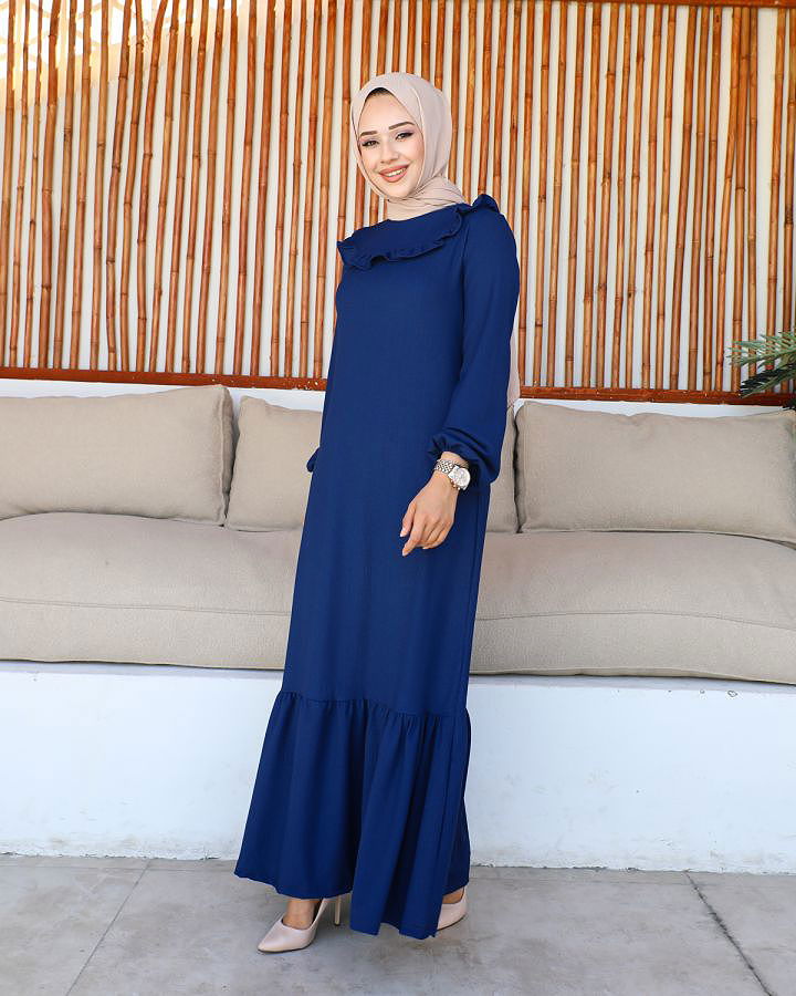 Kolu Lastikli Fırfır Detay Tesettür elbise-3161 Lacivert