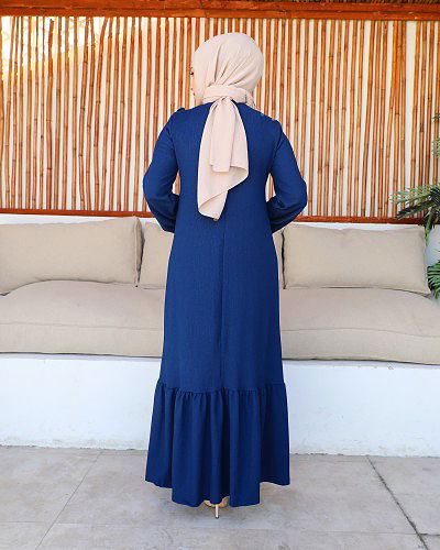 Kolu Lastikli Fırfır Detay Tesettür elbise-3161 Lacivert - Thumbnail
