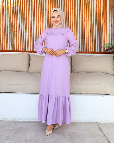 Kolu Lastikli Fırfır Detay Tesettür elbise-3161 Lila - Thumbnail