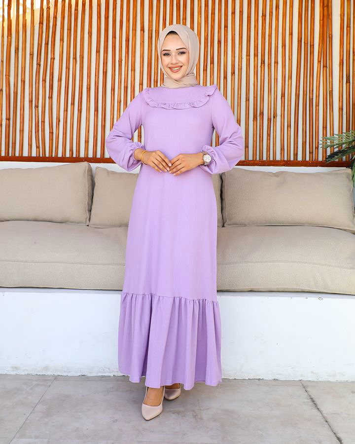 Kolu Lastikli Fırfır Detay Tesettür elbise-3161 Lila