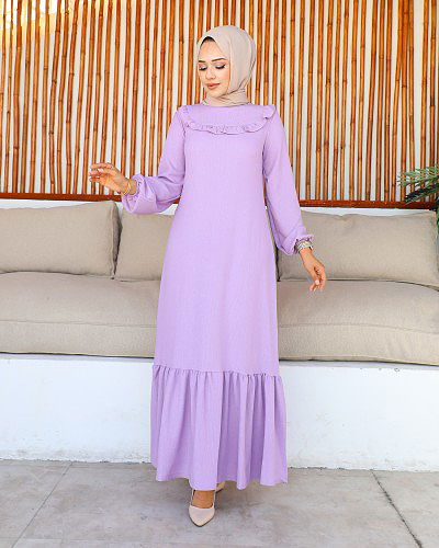 Kolu Lastikli Fırfır Detay Tesettür elbise-3161 Lila - Thumbnail